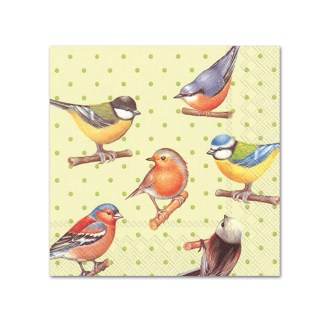 Colorful Birds on Yellow Dots Paper Beverage Napkins