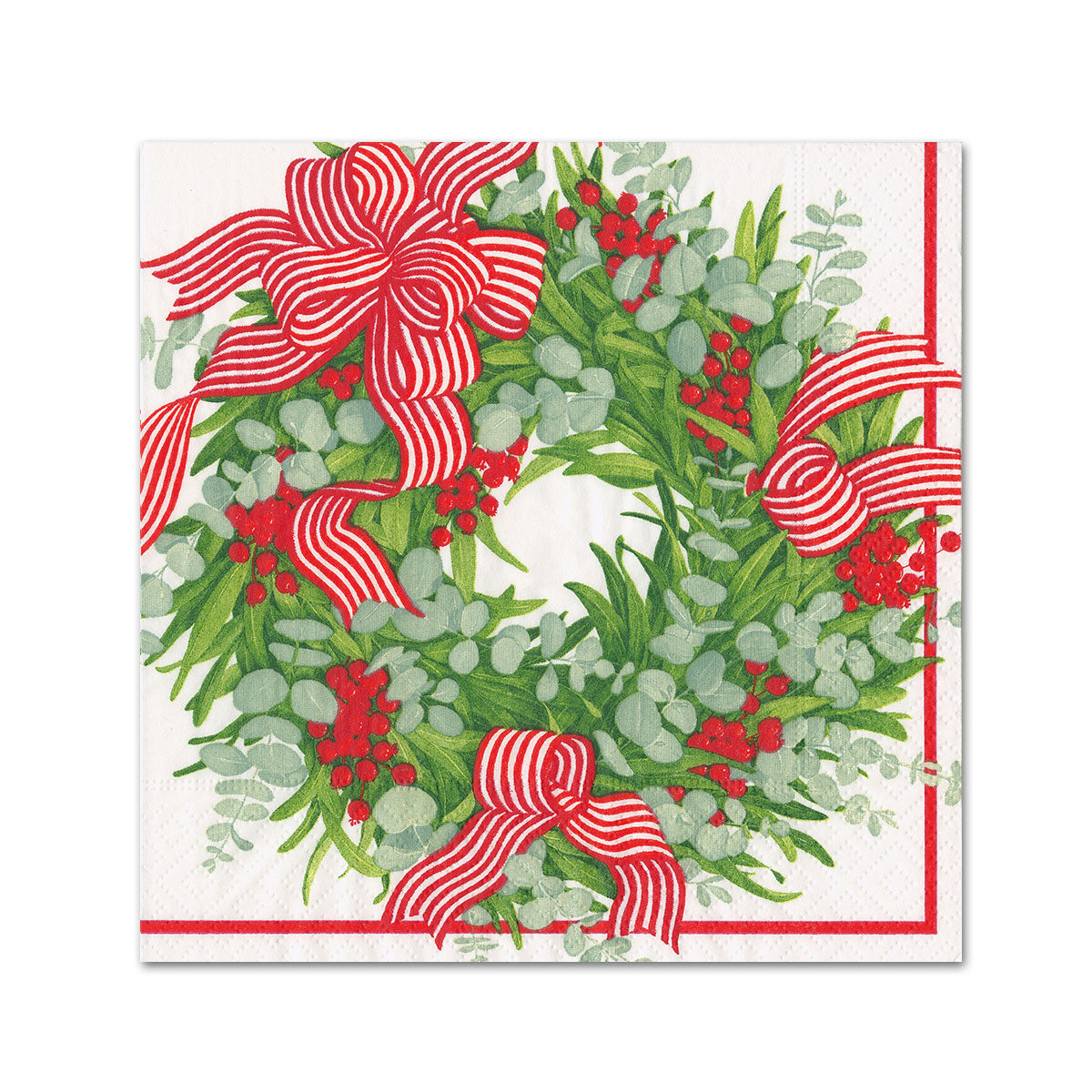 Ribbon Stripe Wreath Holiday Paper Beverage Napkins