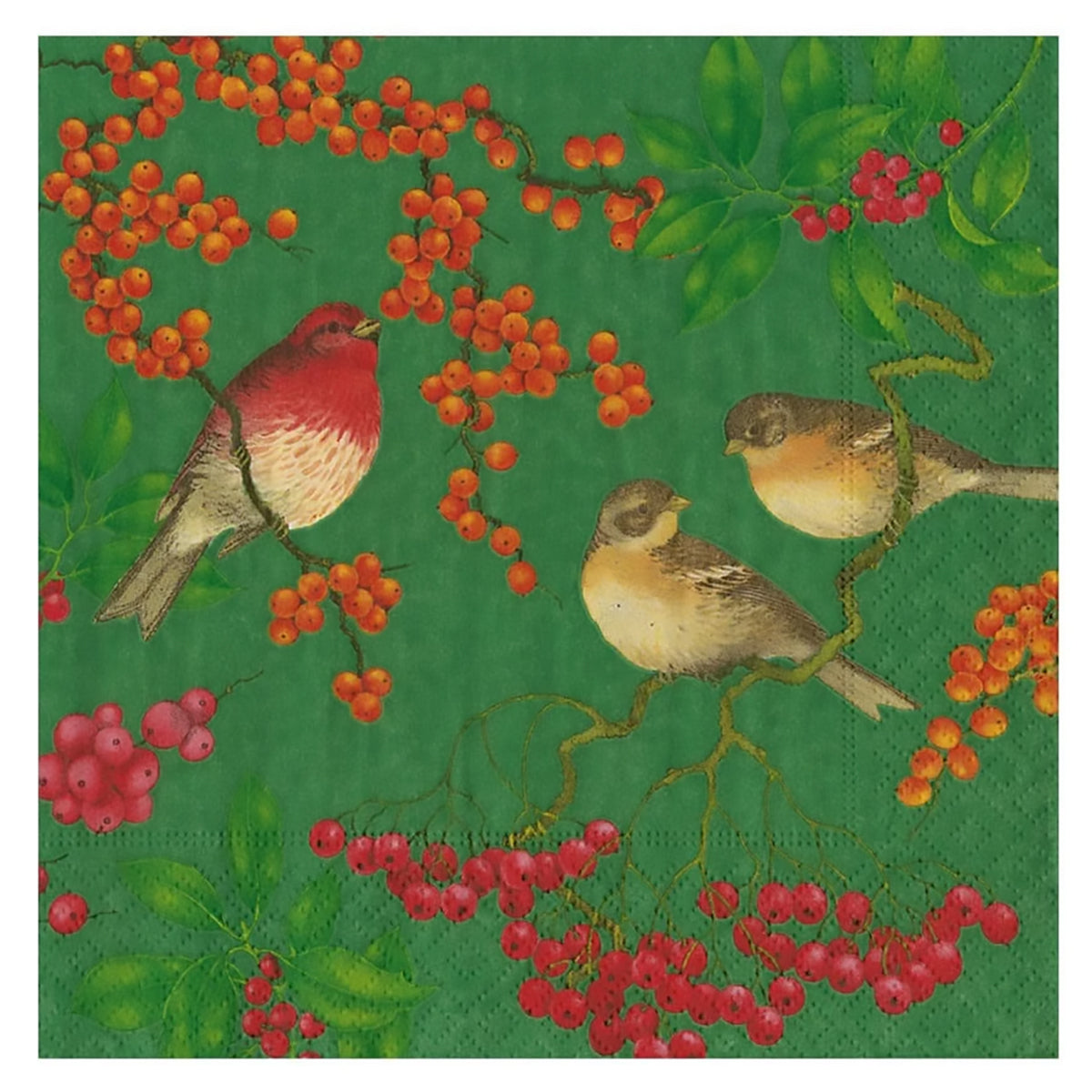 Birds & Berries Green Paper Luncheon Napkins