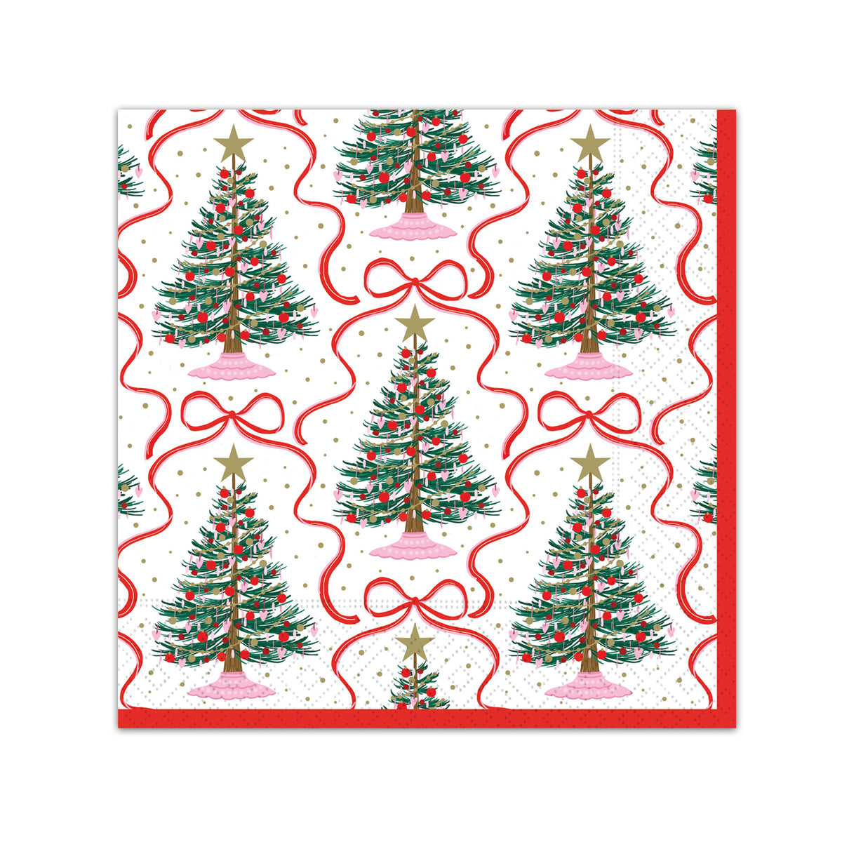 Red Ribbon Christmas Trees Beverage Napkins