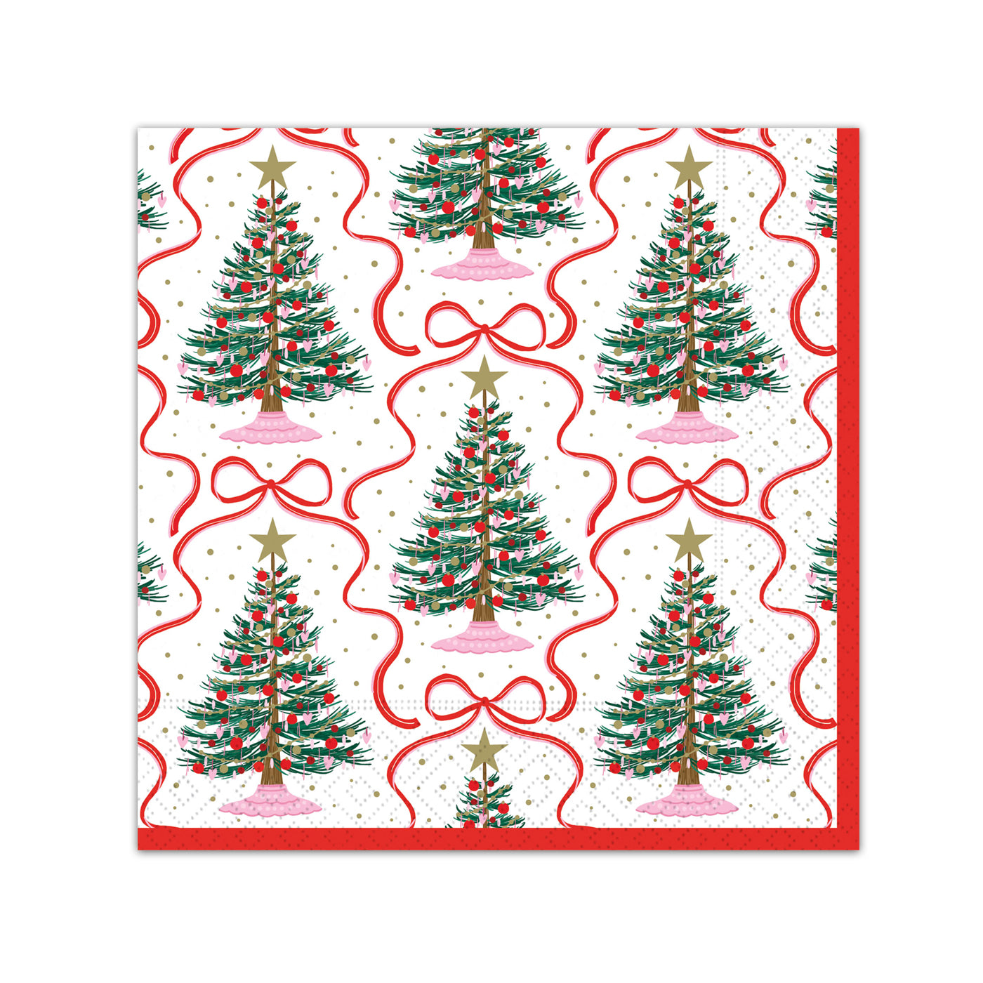 Red Ribbon Christmas Trees Beverage Napkins