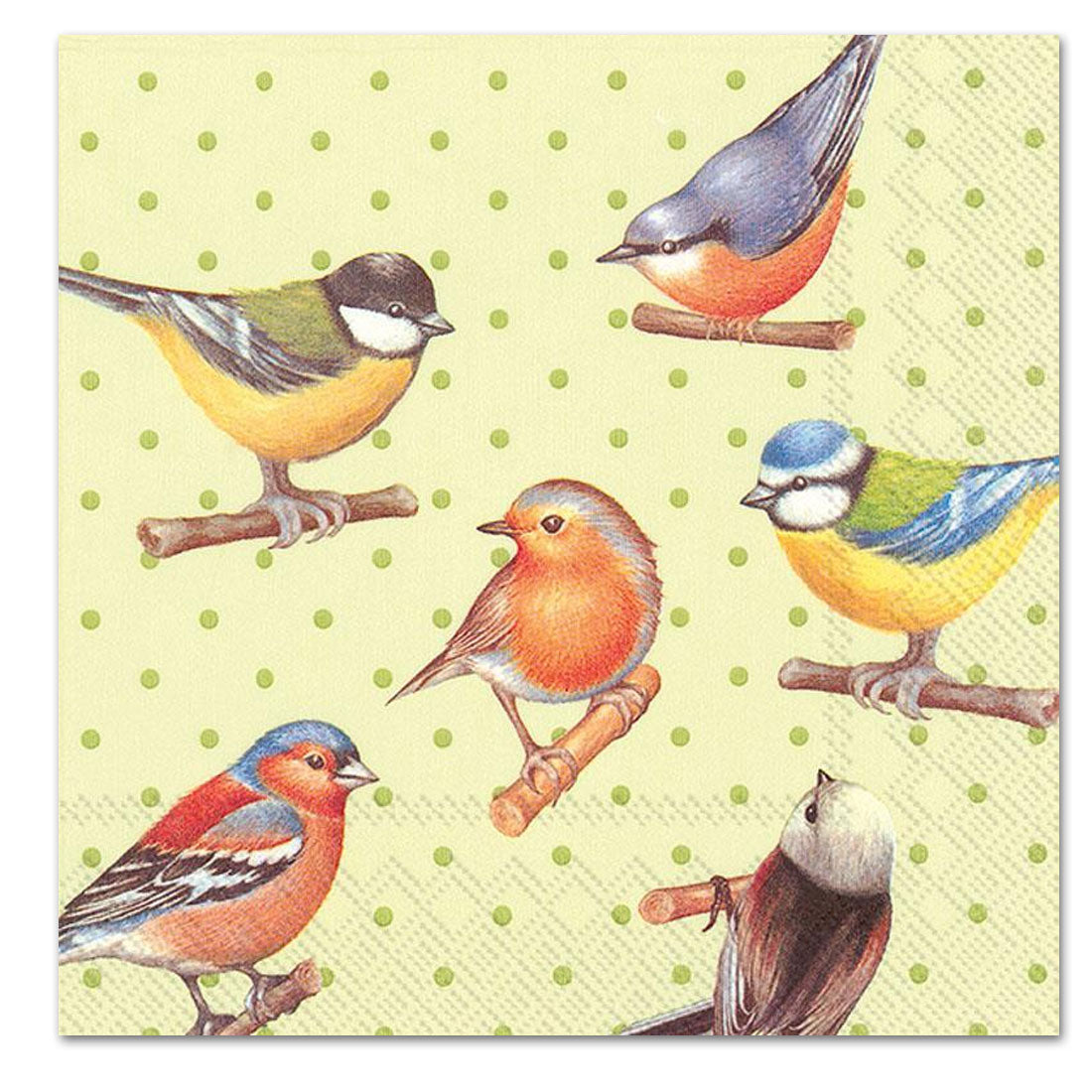 Colorful Birds on Yellow Dots Paper Luncheon Napkins