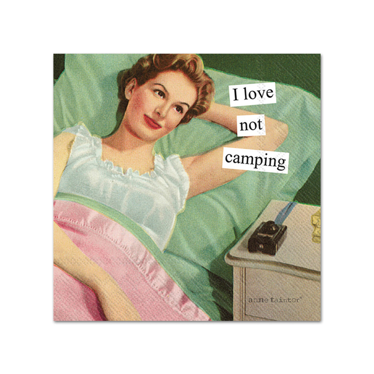 Not Camping Funny Paper Cocktail Napkins by Anne Taintor