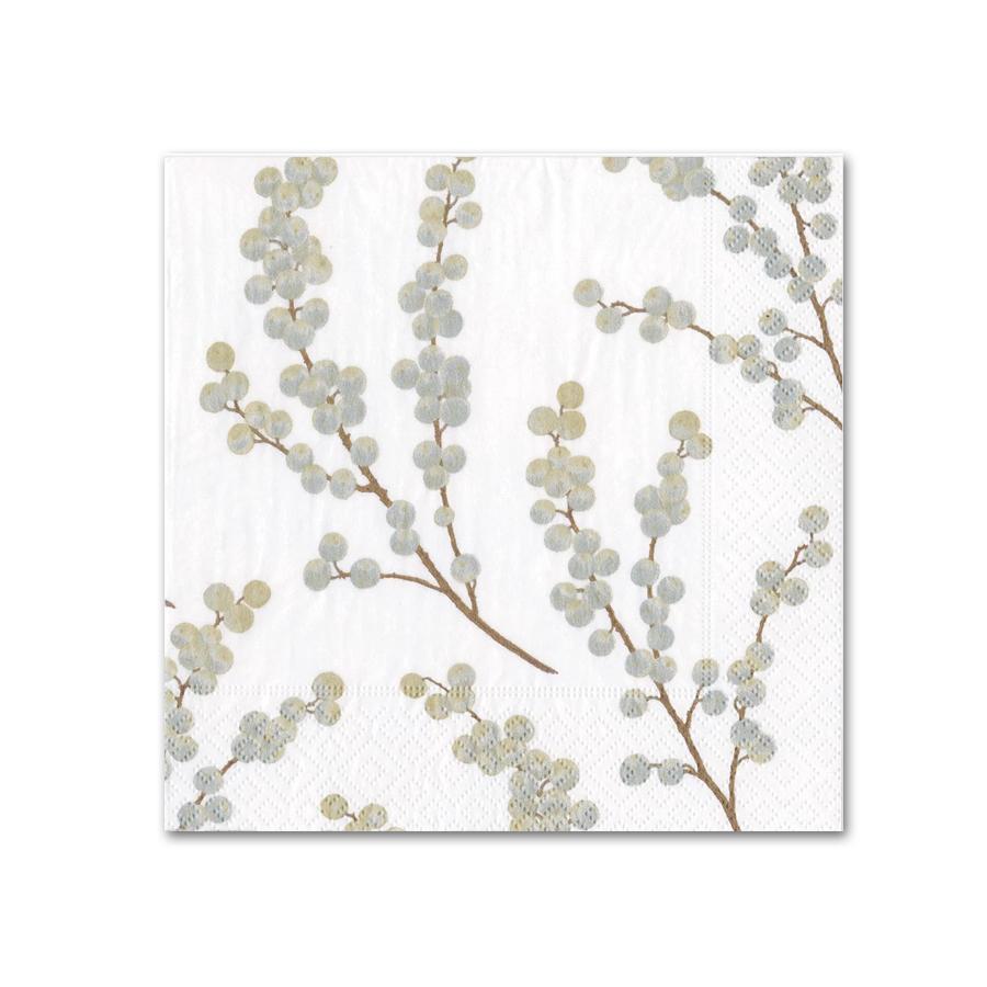 Berry Branches White Silver Paper Beverage Napkins