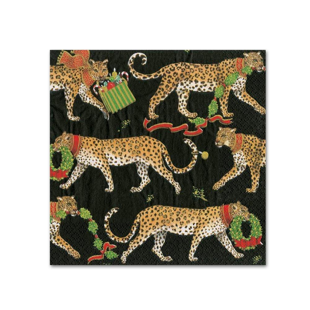 Christmas Leopards Black Paper Beverage Napkins