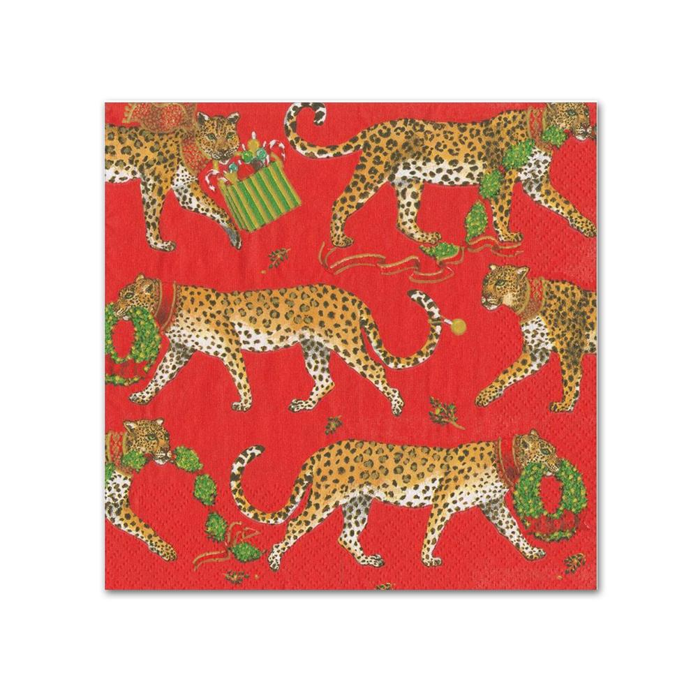 Christmas Leopards Red Paper Beverage Napkins