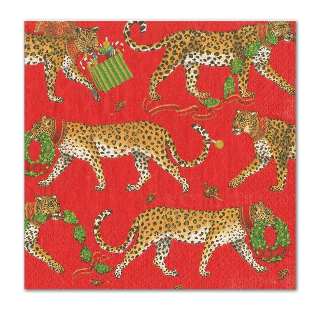 Christmas Leopards Red Paper Luncheon Napkins