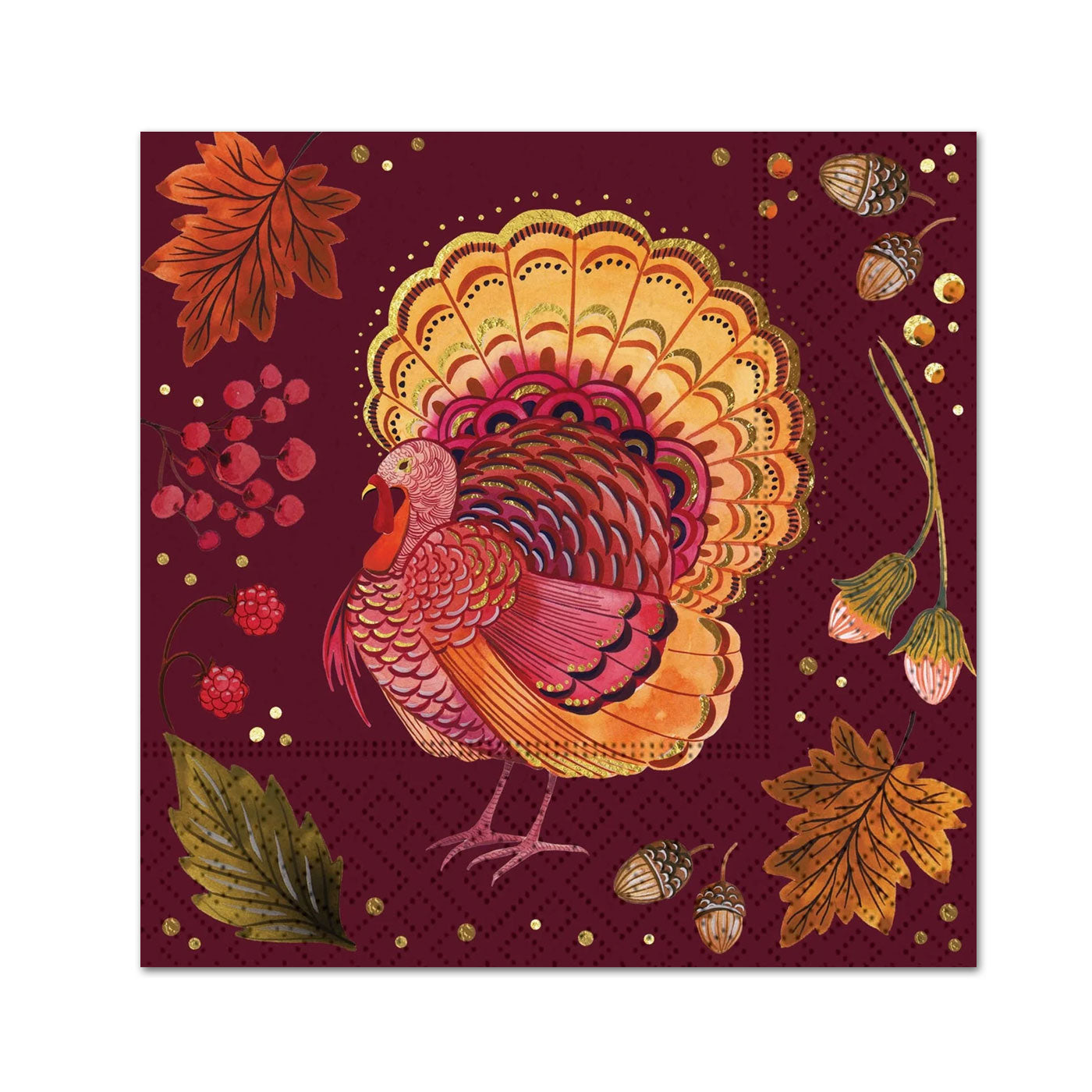 Sumptuous Harvest Turkey Paper Beverage Napkins -Foil Accented 