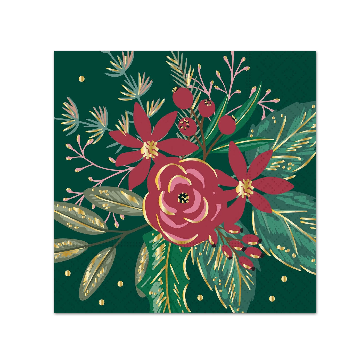 Winter Botanical Gold Foil Paper Beverage Napkins - Evergreen