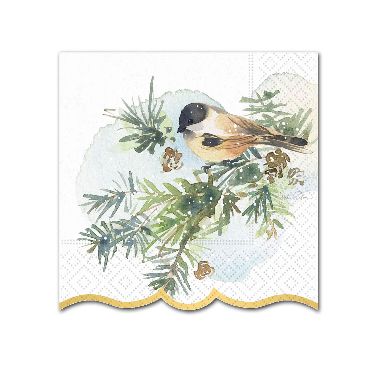 Winter Chickadees Gold Foil Paper Beverage Napkins