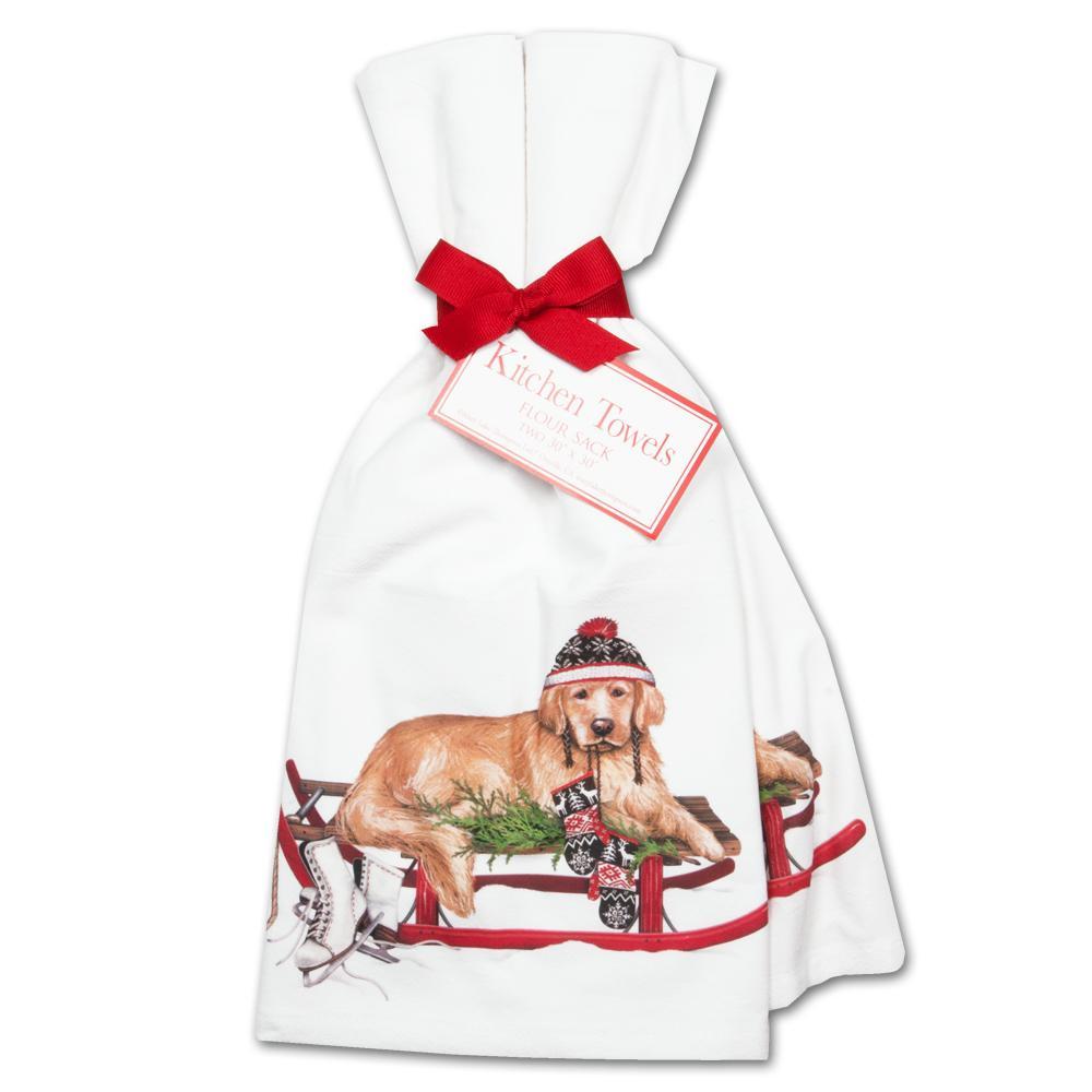 Golden Retriever on Sled Kitchen Towels - Set of 2