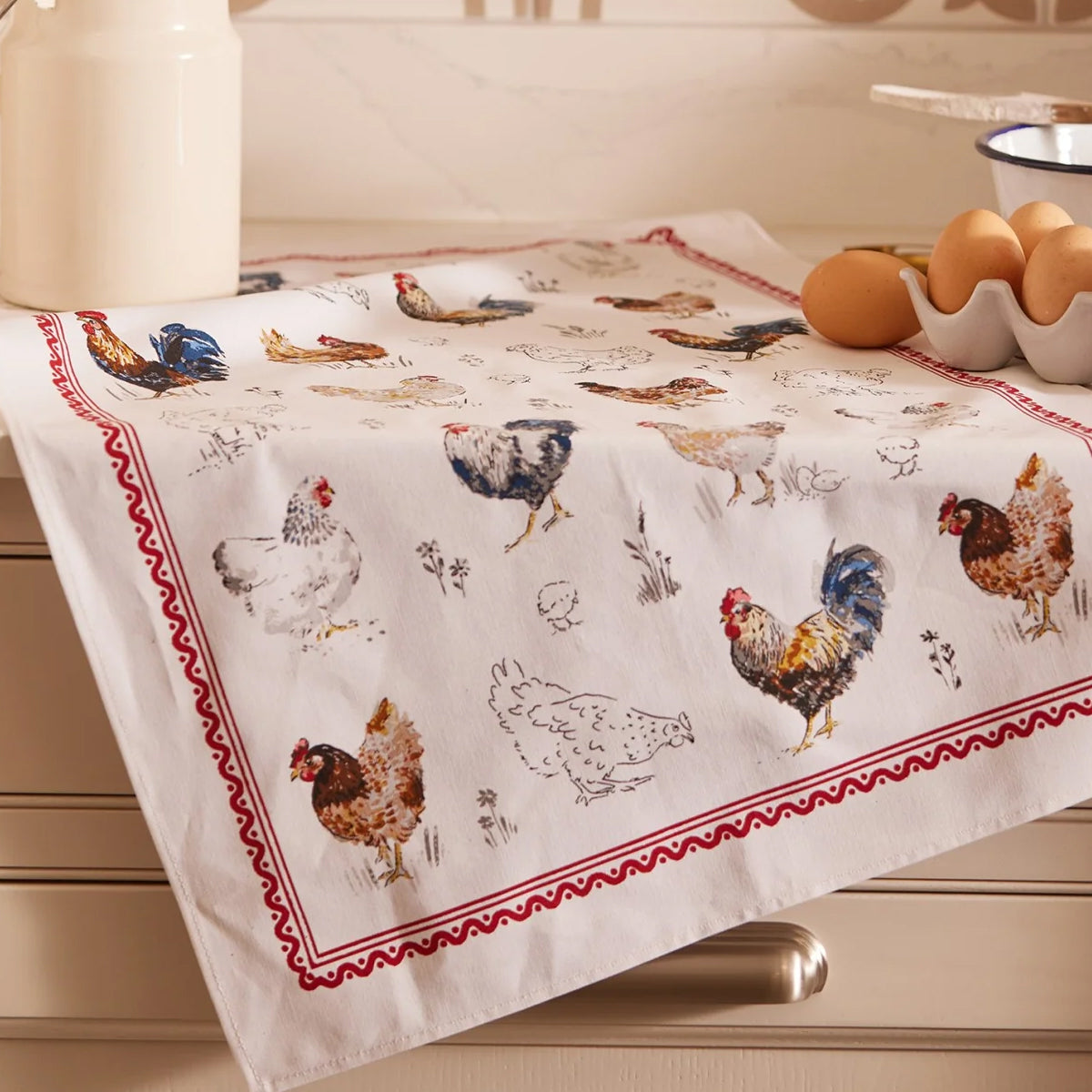 Tea Towel Chicken Organic Cotton Hen Flour Sack Towel Screen Printed Red  Organic Kitchen Towels 